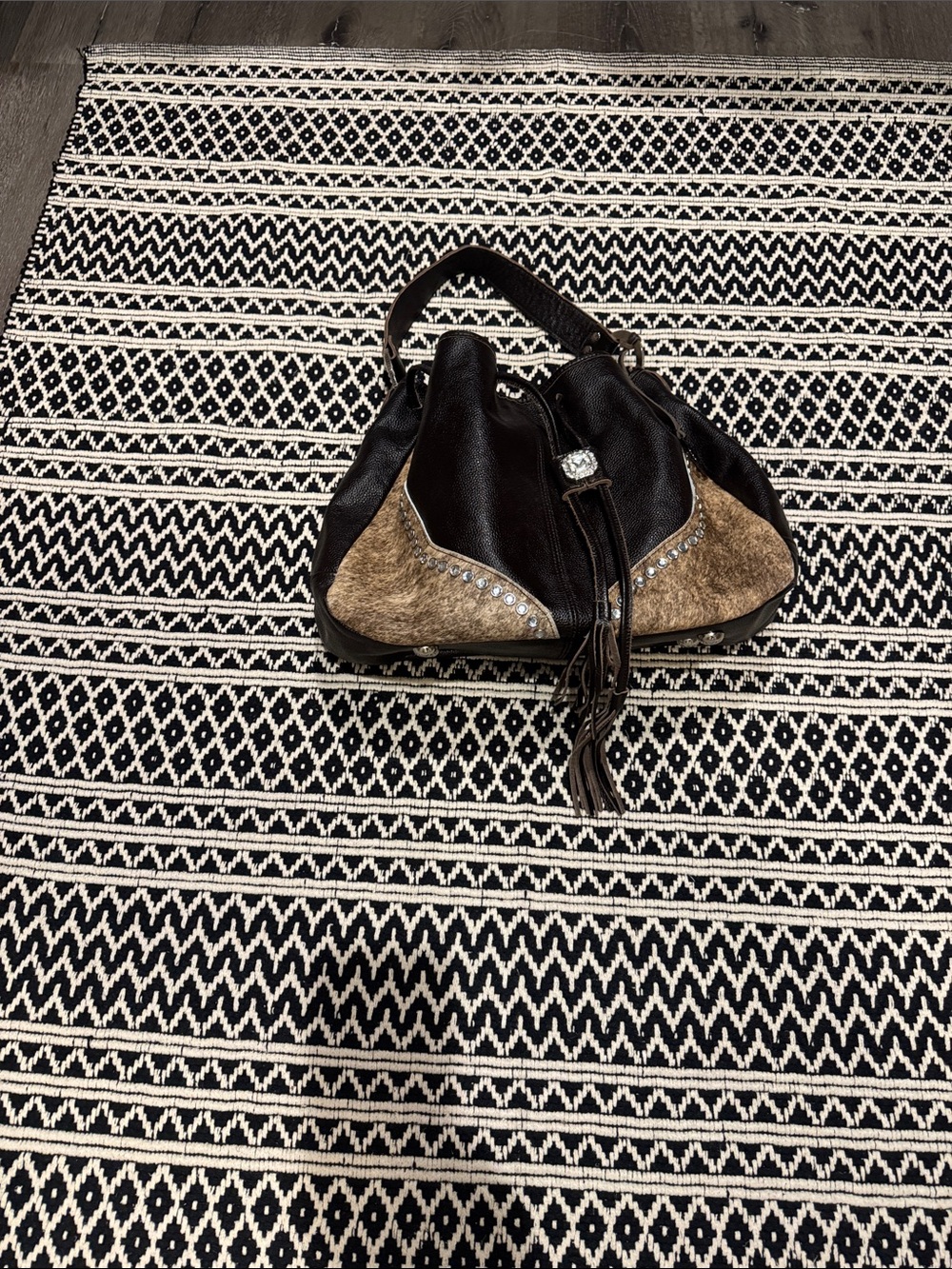 Raviani Black and Tan Leather Tote with Stud and Tassel Detail